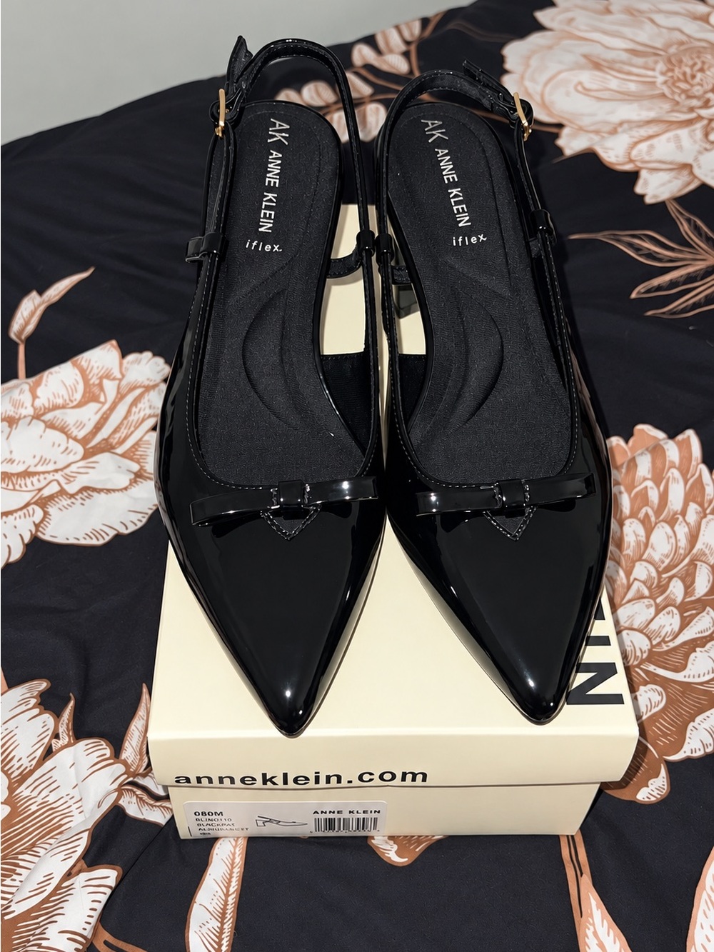 Anne Klein Black Patent Pointed Toe Slingback Flats with Bow